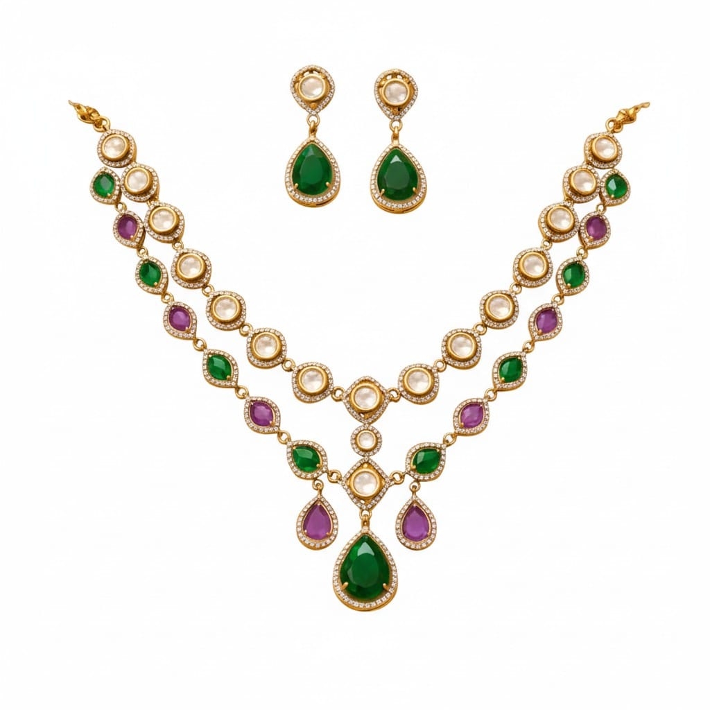 Itrani Amber Glow Dual Layer Multi Colour, Crystal,  Double -8 Diamond Necklace Set