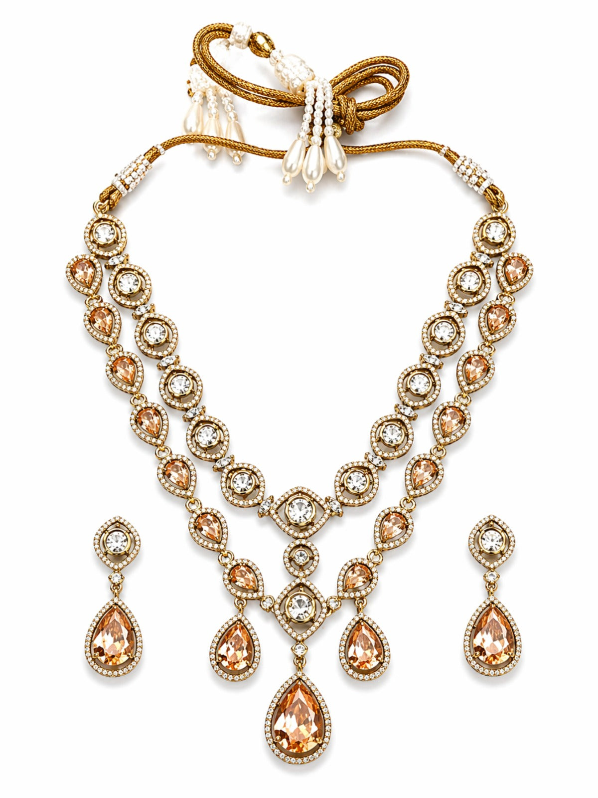 Itrani Amber Glow Dual Layer Multi Colour, Crystal,  Double -8 Diamond Necklace Set