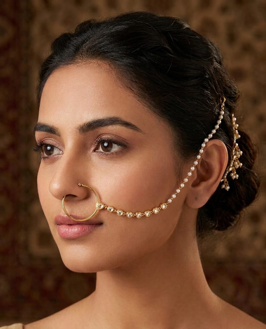 Itrani Elegant Polki and Pearl Chain Nath (Nose Ring)