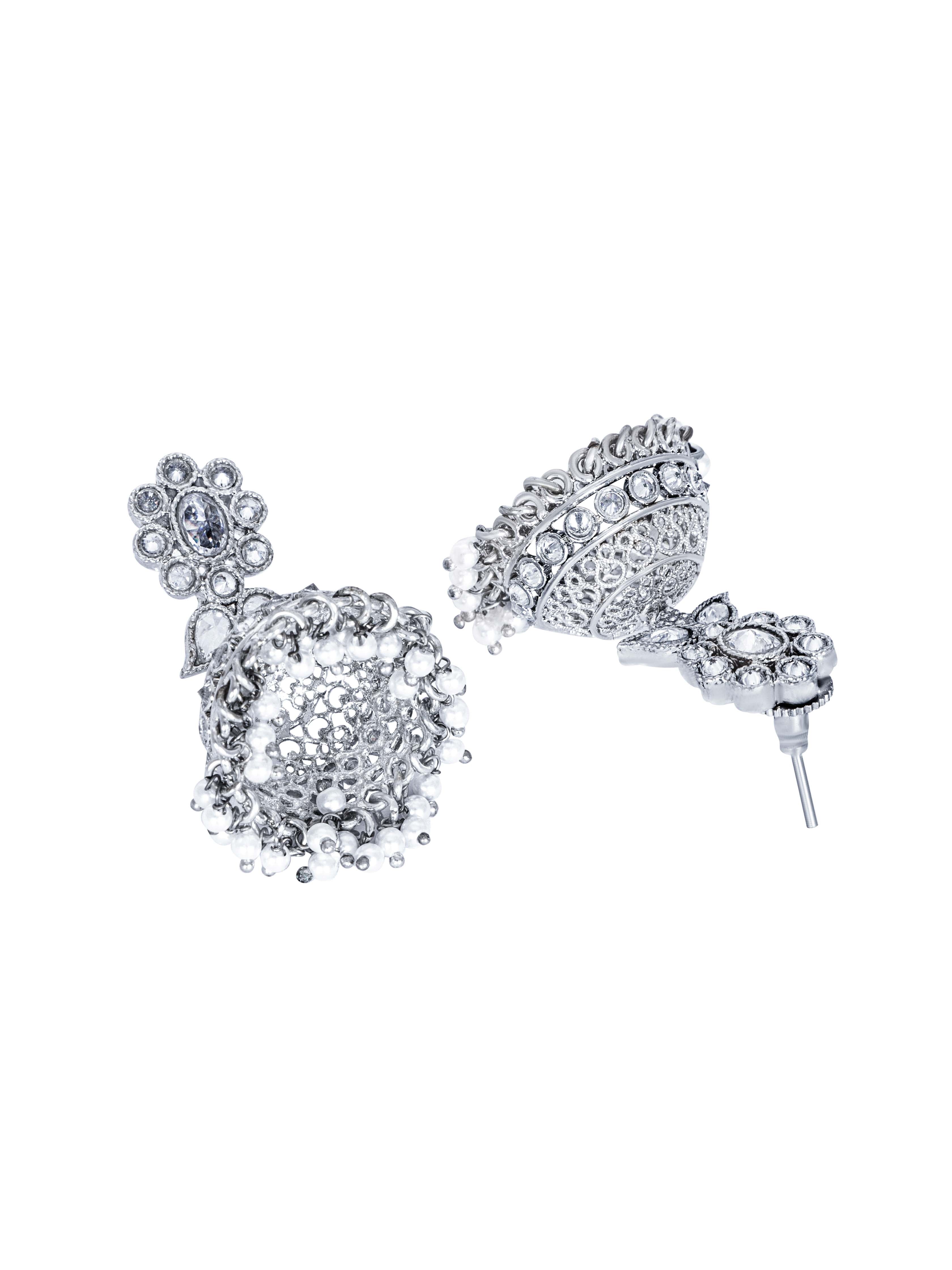 Itrani Silver Crystal Jhumka Earrings – Brass Dome Earrings with Pearl Drops for Weddings & Festive Wear