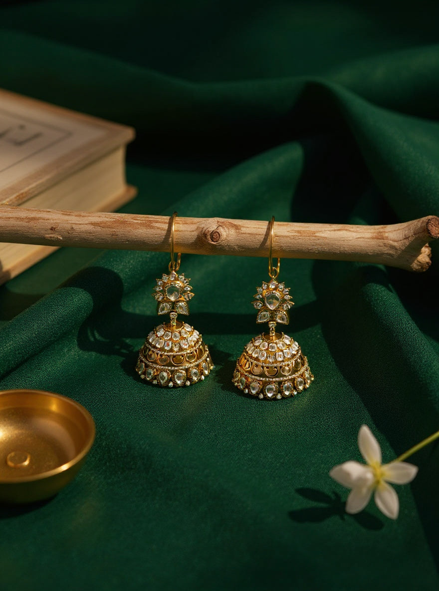 Itrani Blush Bloom Bridal Jhumka – Clear Polki Stone Kundan Style Dome Earrings for Weddings & Festive Glam