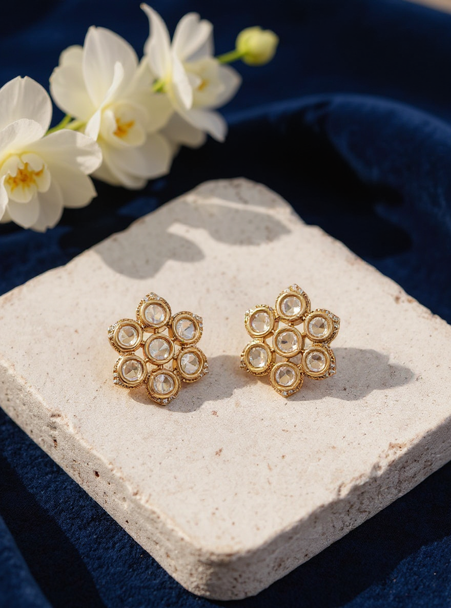 Itrani Clear Polki Radiance Kundan Style Tops Earrings – Floral Brass Earrings for Festive & Ethnic Wear