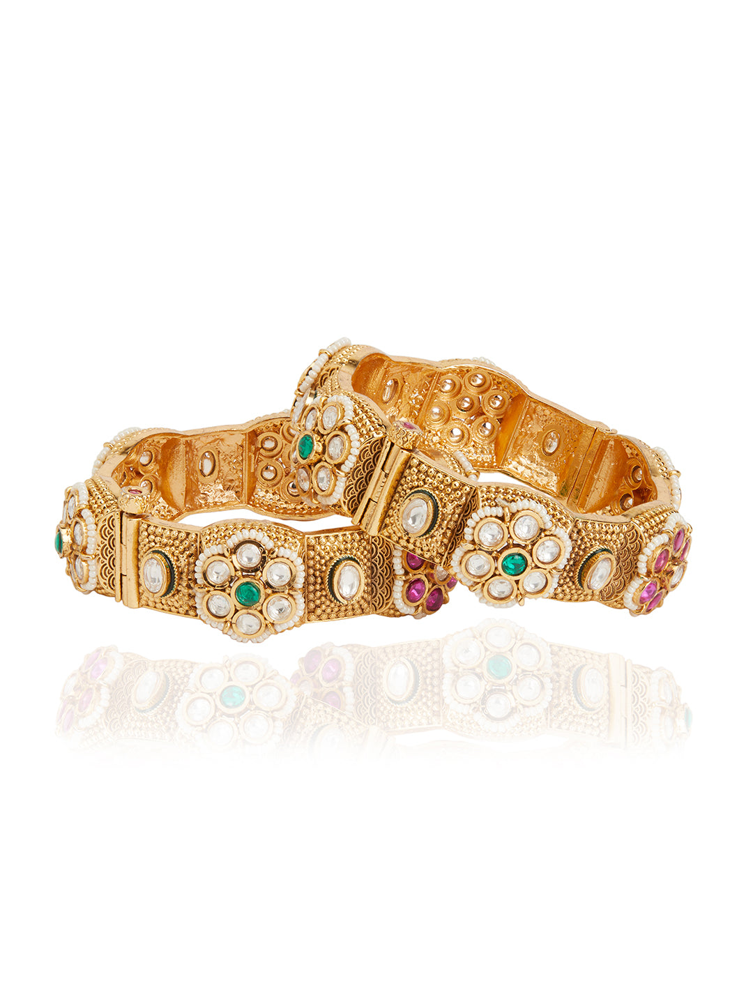 Itrani Rajwadi Gold Finish Brass Bangles with Ruby & Emerald Stones