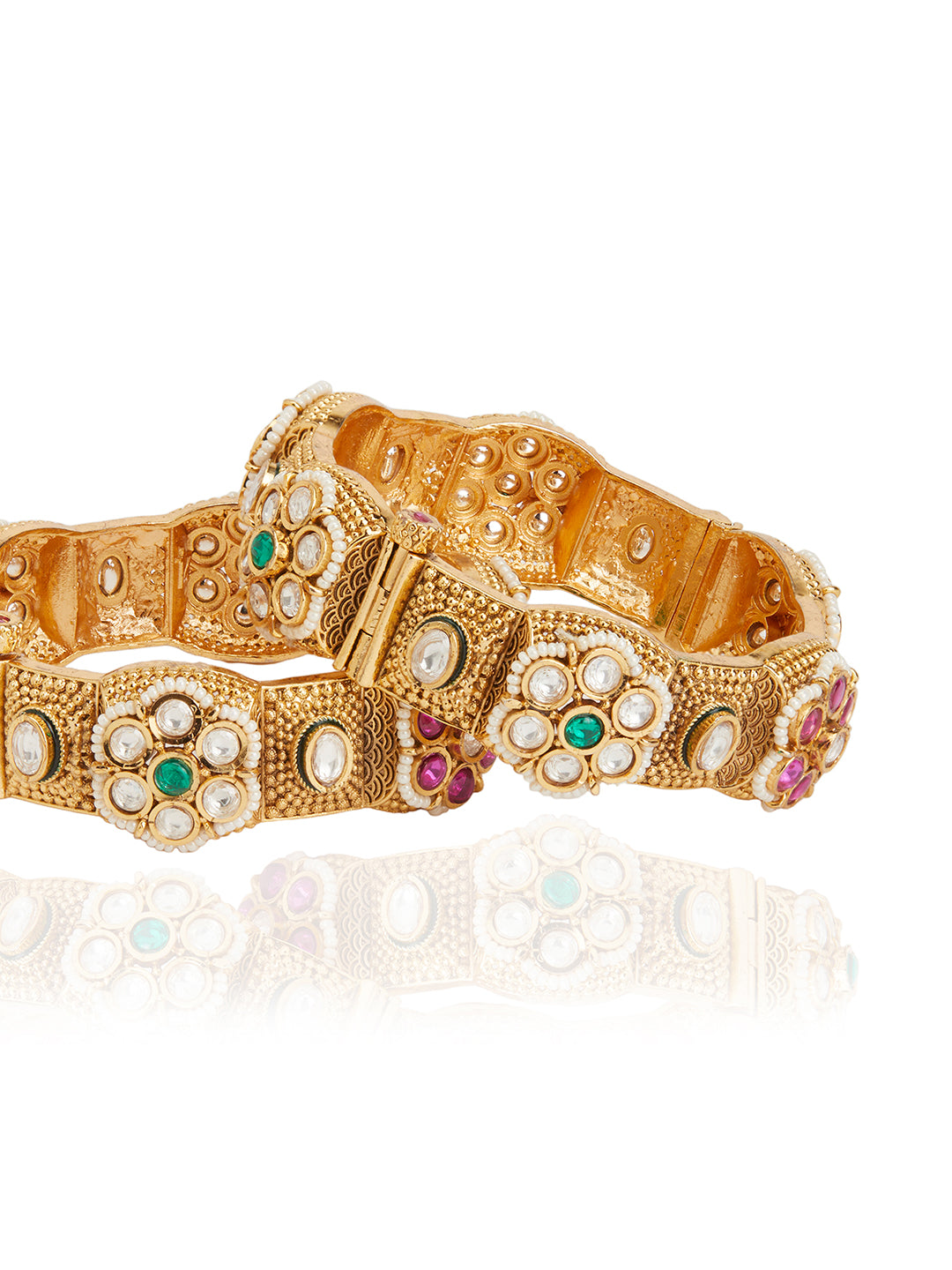 Itrani Rajwadi Gold Finish Brass Bangles with Ruby & Emerald Stones