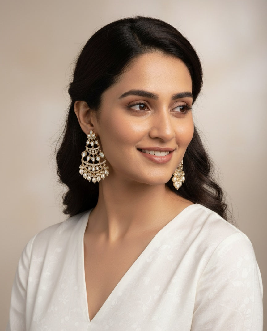 Itrani Blush Radiance Polki Stone and White Pearl Drop Earrings