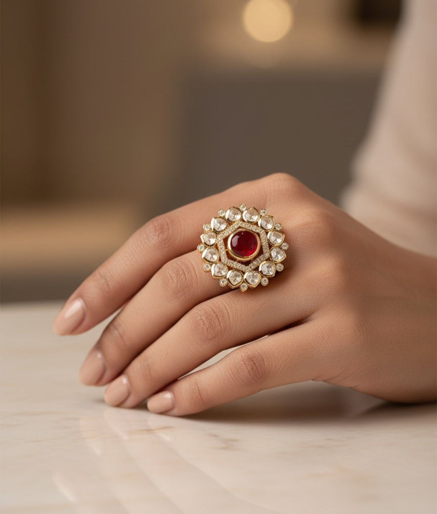 Itrani Crimson Royale Polki Ring – Antique Brass Adjustable Ring with Red Center Stone