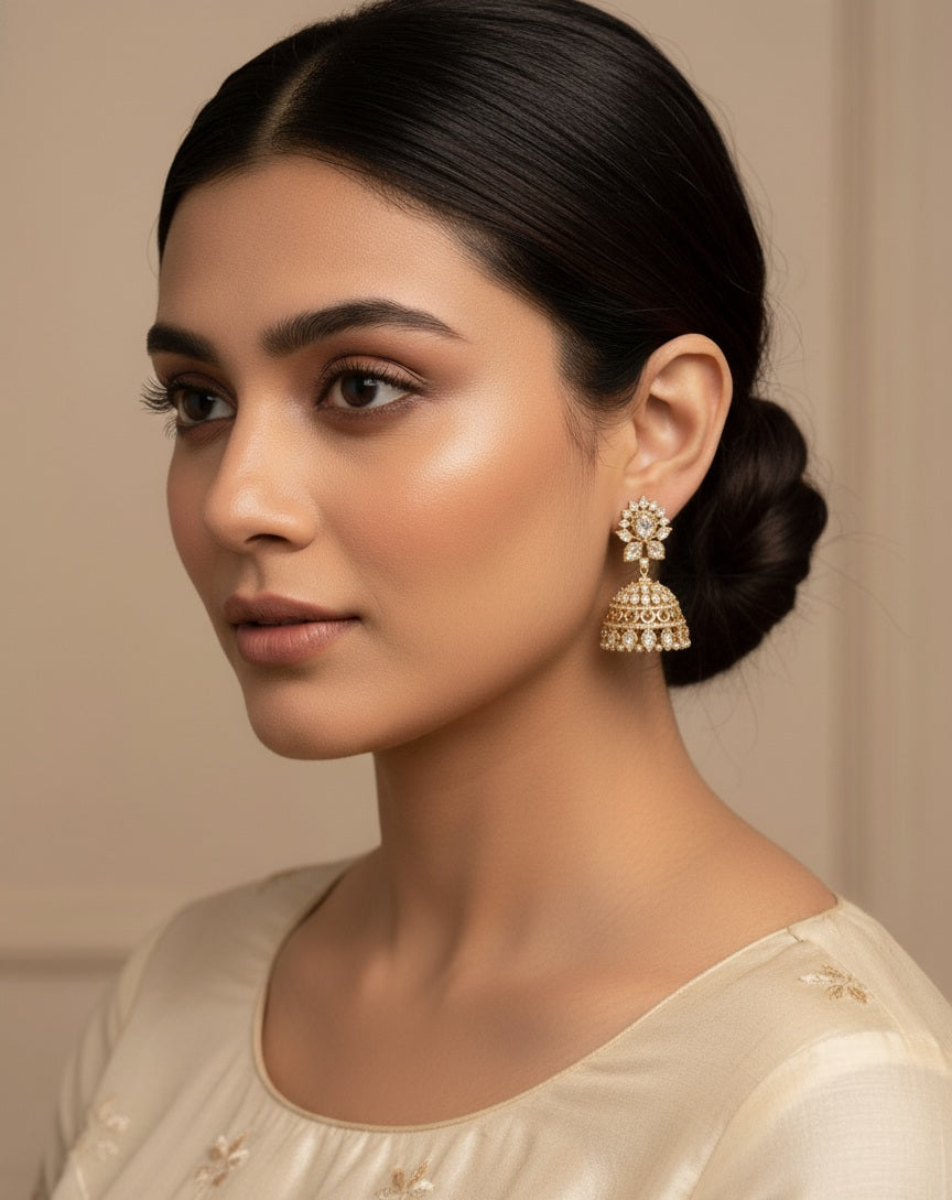 Itrani Blush Bloom Bridal Jhumka – Clear Polki Stone Kundan Style Dome Earrings for Weddings & Festive Glam