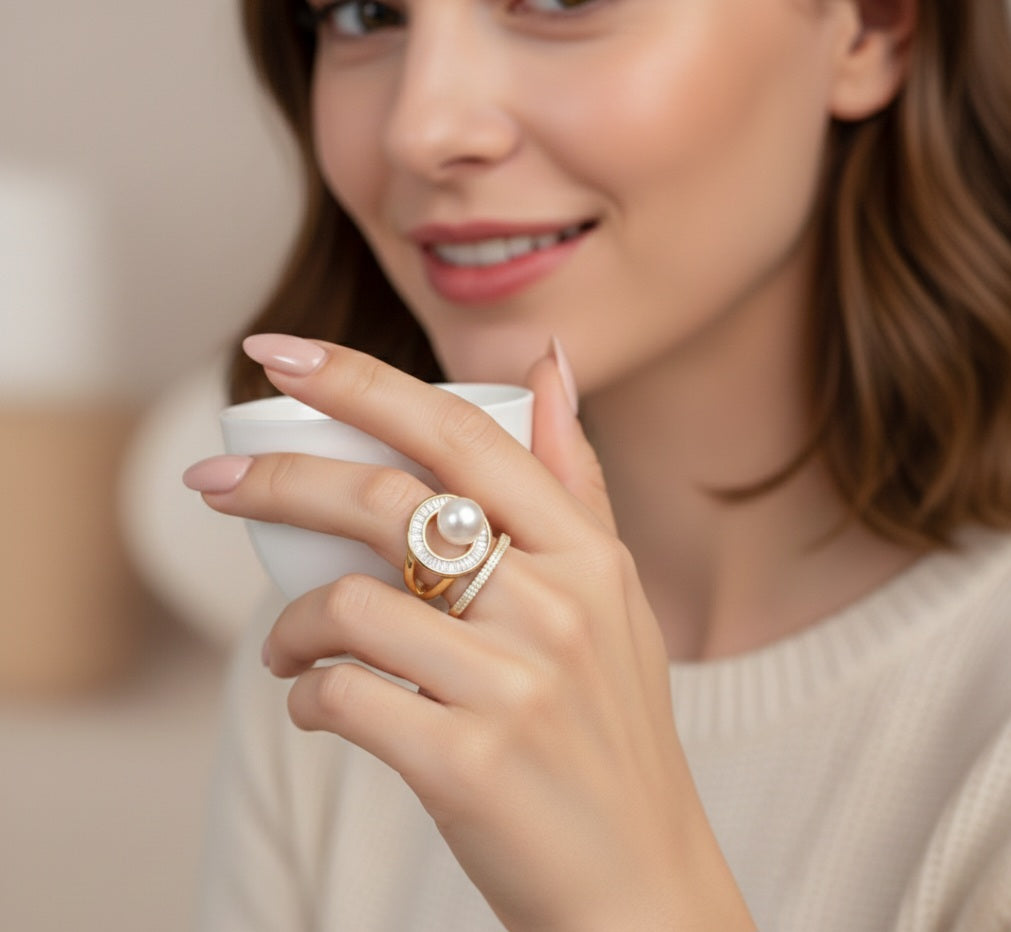 Itrani Golden Glow Pearl Halo Adjustable Ring