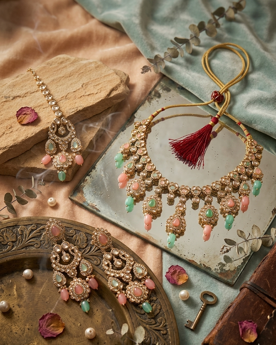 Itrani Pastel Royalty Reverse AD Stone Necklace Set – Pink & Pista Green Stones.