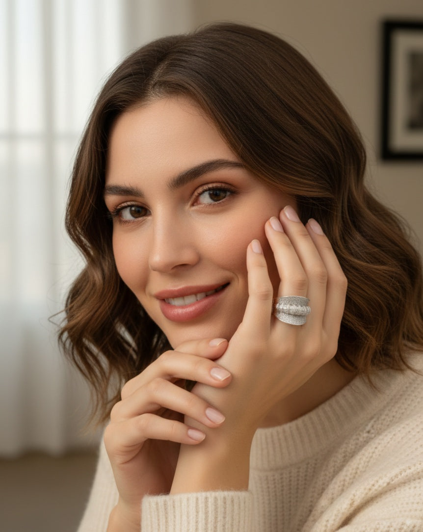 Itrani Crystal Swirl Statement Ring – Silver Elegance for Every Occasion