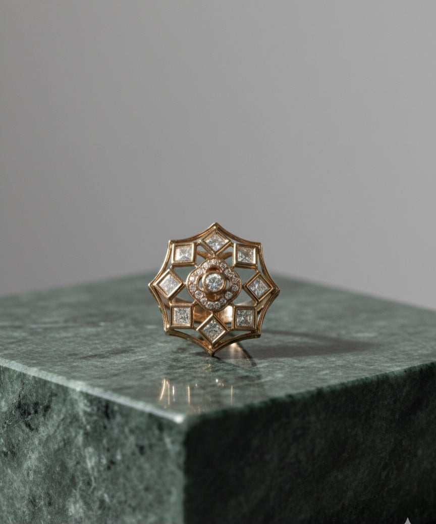 Polki Flower Ring with American Diamond Centre