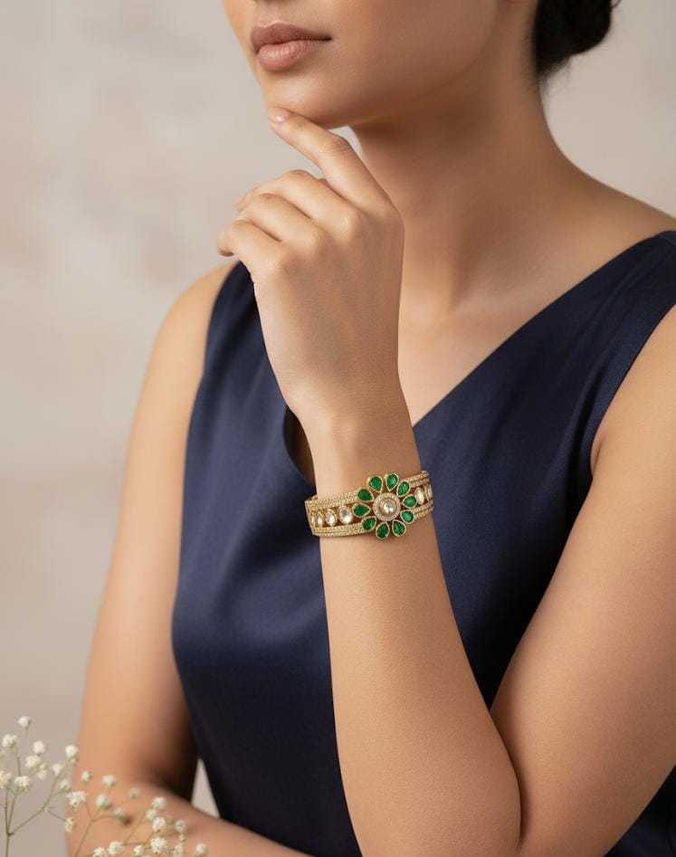 Itrani Floral Blossom Emerald Green Setting Stone Bracelet – Anti-Tarnish Brass Ethnic Bracelet for Women