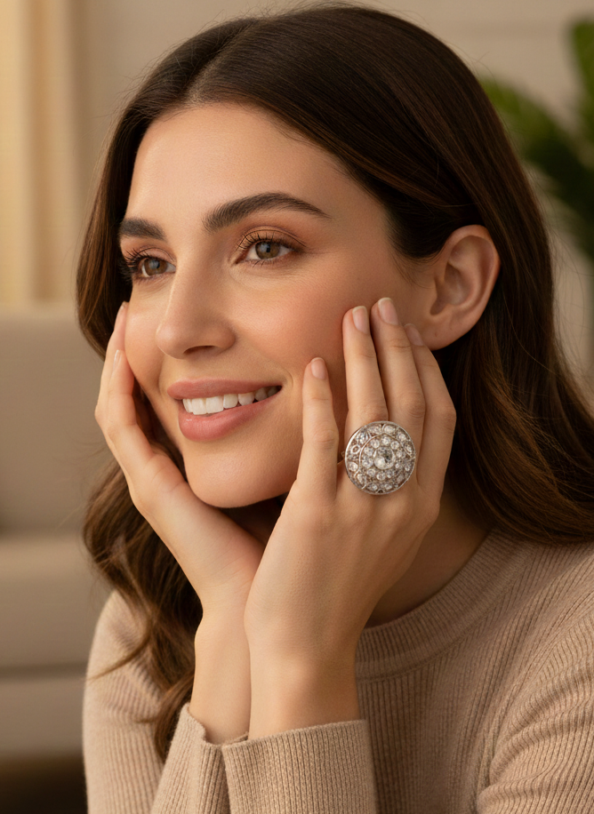 Woman wearing a large diamond ring in a cozy indoor setting