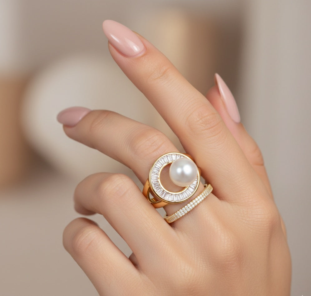 Itrani Golden Glow Pearl Halo Adjustable Ring