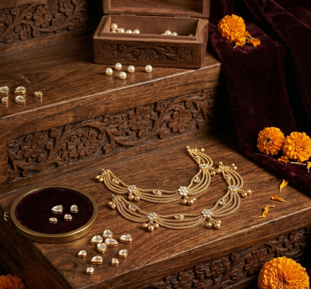 Itrani Antique Mehandi Finish Payal with  Ghungroo