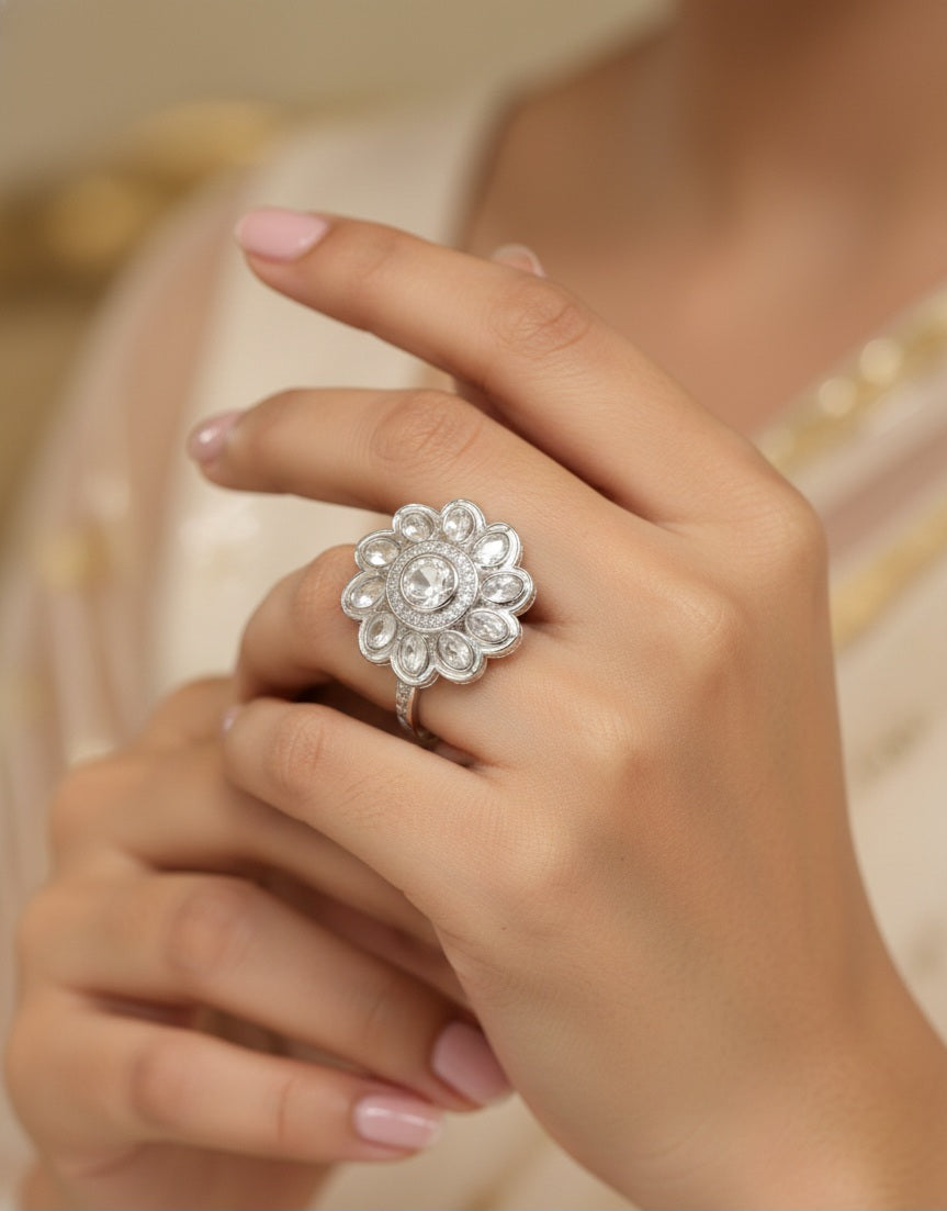 Elegant Polki Stone Ring with Rhodium Finish