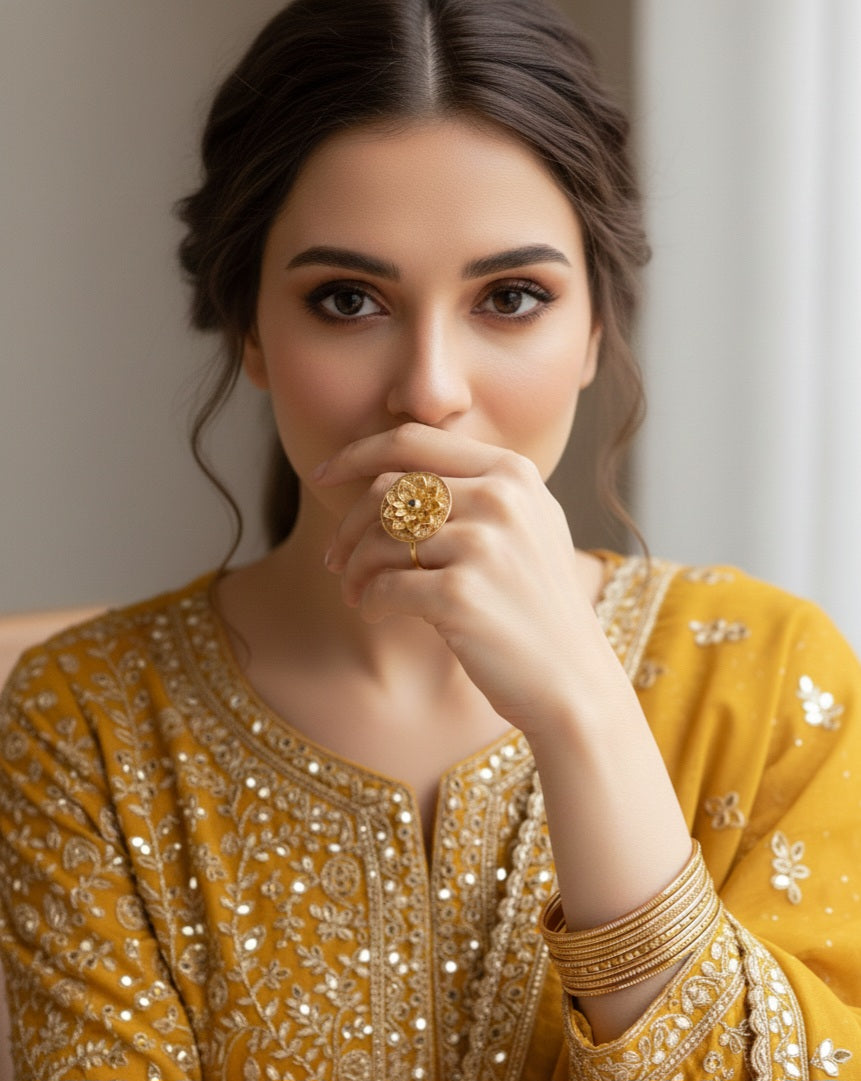 Itrani Regal Bloom Antique Rajwadi Gold Polish Ring with Emerald Stone