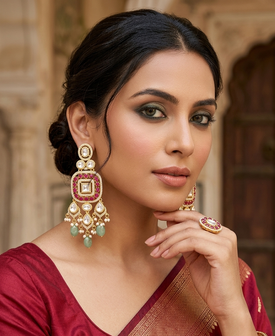 Itrani  Regal Ruby and Green Aventurine Pearl Drop Statement Earrings