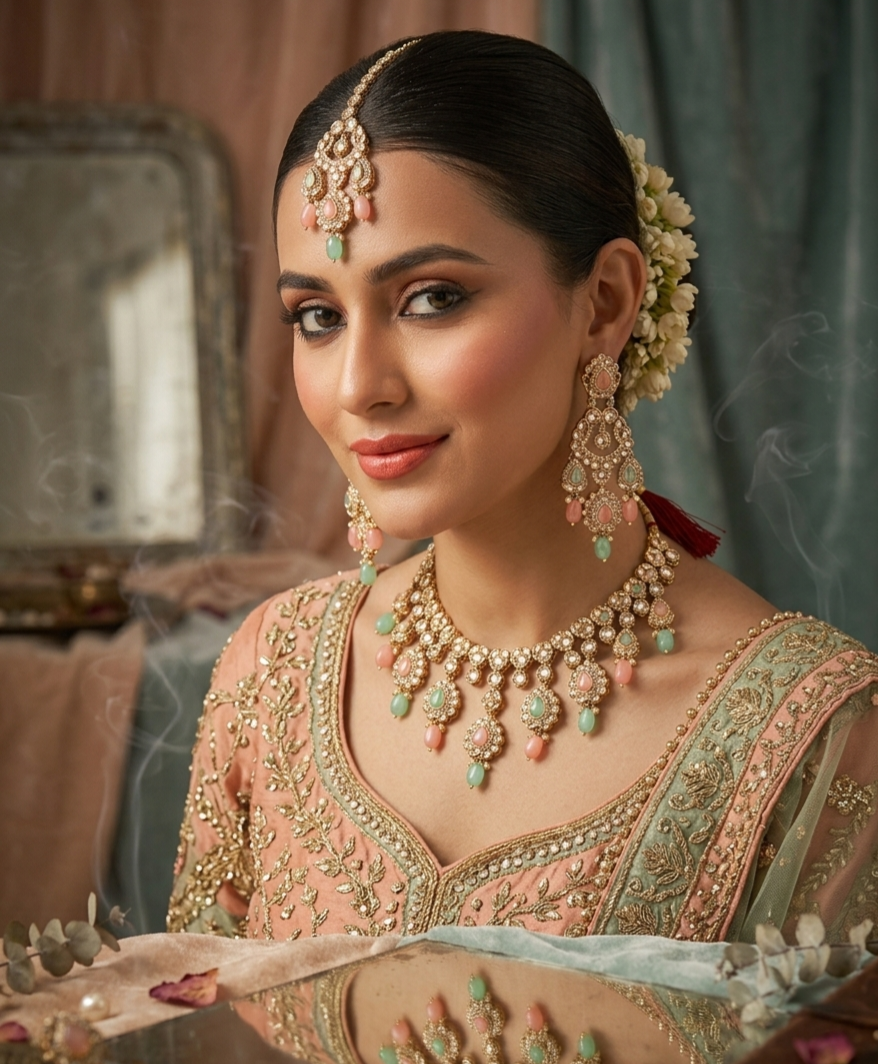 Itrani Pastel Royalty Reverse AD Stone Necklace Set – Pink & Pista Green Stones.