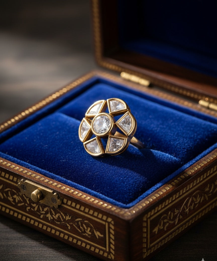 Itrani Celestial Glow Clear Polki Stone Brass Ring