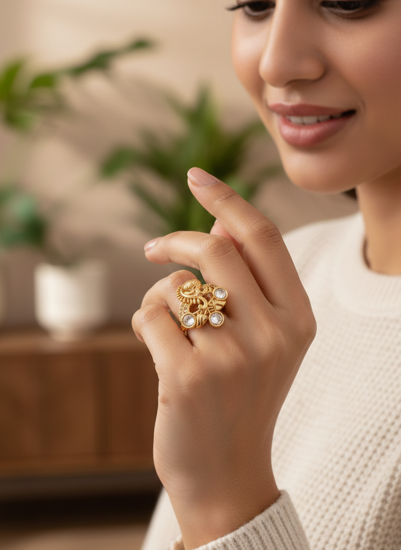 Itrani Ira Antique Floral Ring – Clear Polki Stone Adjustable Brass Ring for Festive Wear