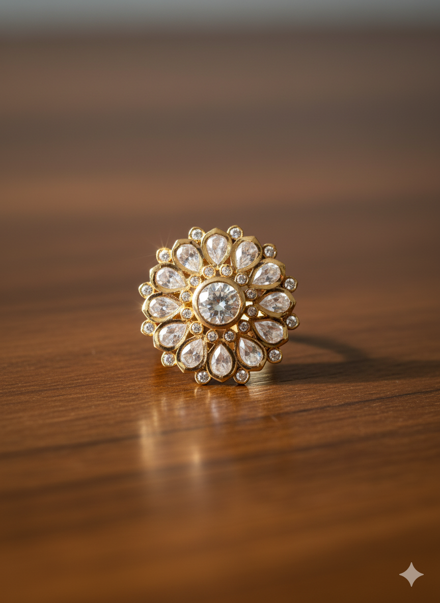 Itrani Polki Bloom Circle Ring – Adjustable Brass Ring with Clear Polki Stones