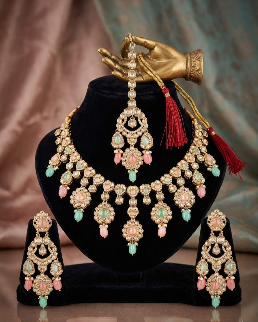 Itrani Pastel Royalty Reverse AD Stone Necklace Set – Pink & Pista Green Stones.