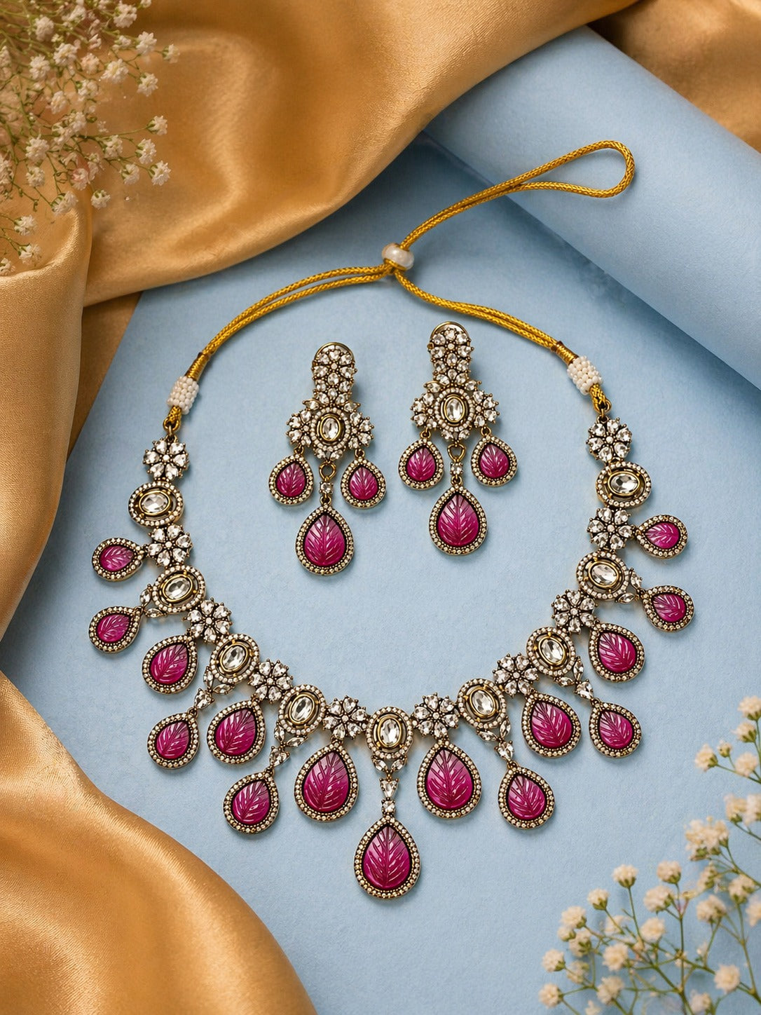Royal Pink Droplet Antique Necklace Set