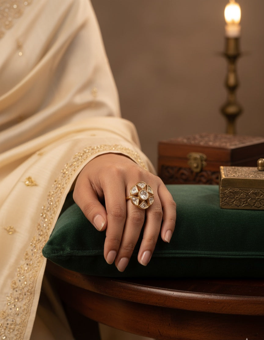 Itrani Celestial Glow Clear Polki Stone Brass Ring