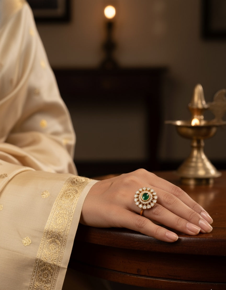 Itrani Regal Green Glow Statement Ring Antique Finish Brass Cocktail Ring